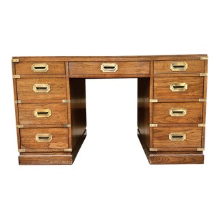 Mid 20th Century Campaign Style Desk With Leather Top & Brass Pulls by Sligh For Sale