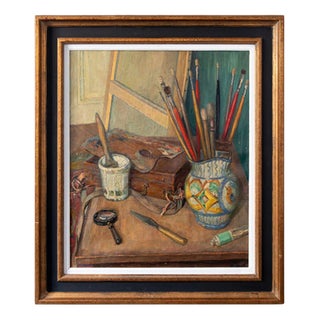Michel Portnoff, Still Life with Palette and Brushes, Oil Painting on Canvas, 20th Century For Sale