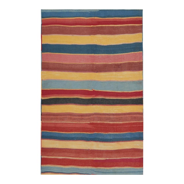 Vintage Bidjar Persian Tribal Kilim in Red, Gold and Blue Stripes by Rug & Kilim-4'11''x8' For Sale