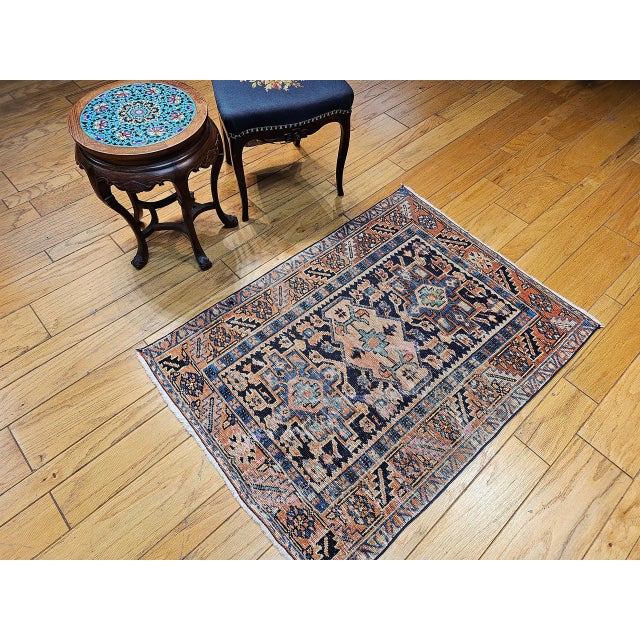 1900 - 1909 Vintage Persian Heriz Karajah Rug, Hand-Knotted Wool, Geometric Pattern, Blue & Rust-Red, 3x4 For Sale - Image 5 of 14