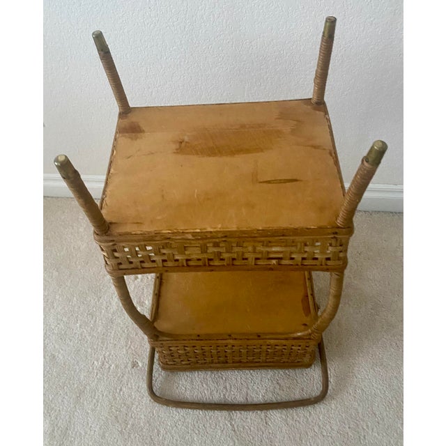 Vintage American Wicker and Rattan Two-Tier Sewing Basket Stand With Original Lining. For Sale In Denver - Image 6 of 15