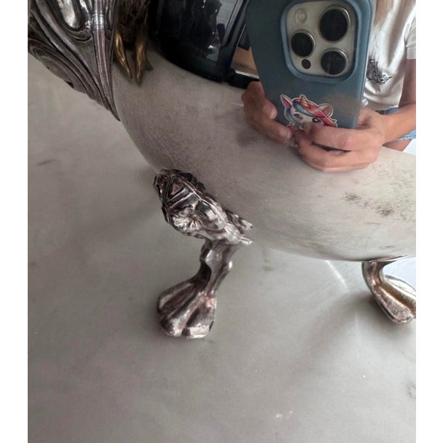 1940s Sheridan Silver Co Silver Plated Tea Pot Silver on Copper Flower Design 4 Footed For Sale - Image 4 of 12