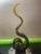 MCM Murano Style Amber Green 15” Glass Swirl Sculpture Hand Blown Ribbon Glass Figurine Mounted on black glass pedestal...