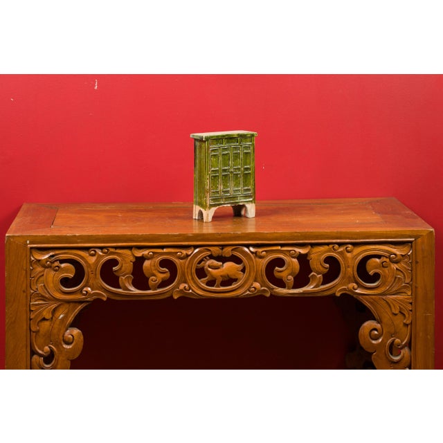 Early 21st Century Chinese Ming Dynasty Period Green Glazed Miniature Armoire with Bracket Feet For Sale - Image 11 of 13