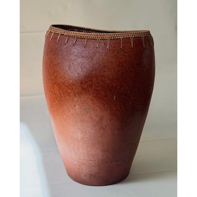 Pair of Vintage Indonesian Ceramic Vessels With Hand-Woven Rattan Rim For Sale - Image 18 of 18