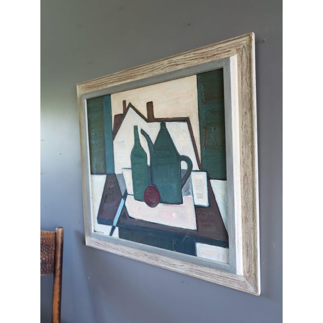 Mid 20th Century Mid-Century Modern 'Green Vessels & House Form' Abstract Still Life Oil Painting by Swedish Artist Max Gregor Carlsson (1914-1996), Framed For Sale - Image 5 of 14