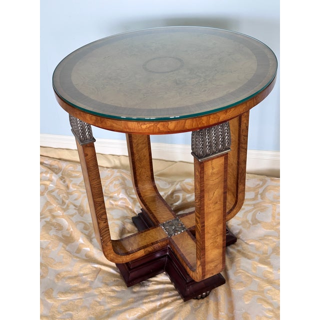 Maitland - Smith Late 20th Century Maitland-Smith Art Deco Style Round Burlwood and Glass Accent Table For Sale - Image 4 of 17
