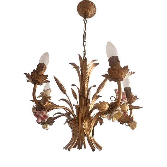 Chandelier with Porcelain Flowers by Neheim Hüsten, 1960s For Sale