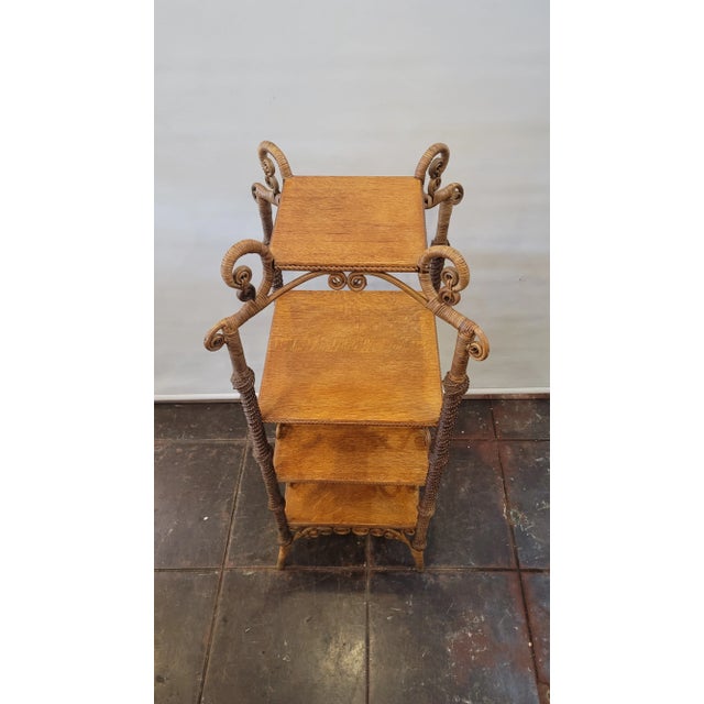 Heywood-Wakefield 1880s Victorian Wicker Bamboo Heywood Brothers Co. ( Heywood Wakefield) Etagere Nick Nack Table For Sale - Image 4 of 8