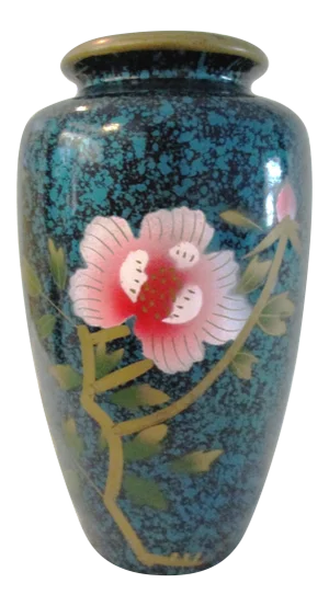 Mid-Century Japanese Enamelware Hand-Painted Cherry Blossom Vase