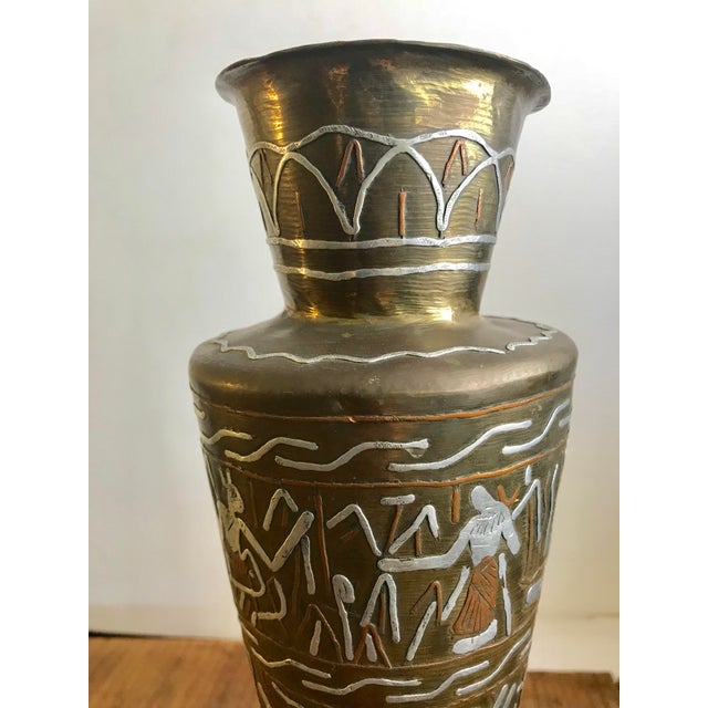 Egyptian Cairo Ware Brass Vase With Silver and Copper Inlay Design
