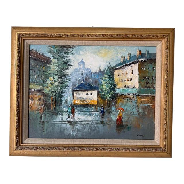1990’s Vintage Parisian Street Scene Oil on Canvas Painting by Ellen – Wood Framed For Sale