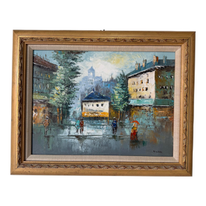 1990’s Vintage Parisian Street Scene Oil on Canvas Painting by Ellen – Wood Framed