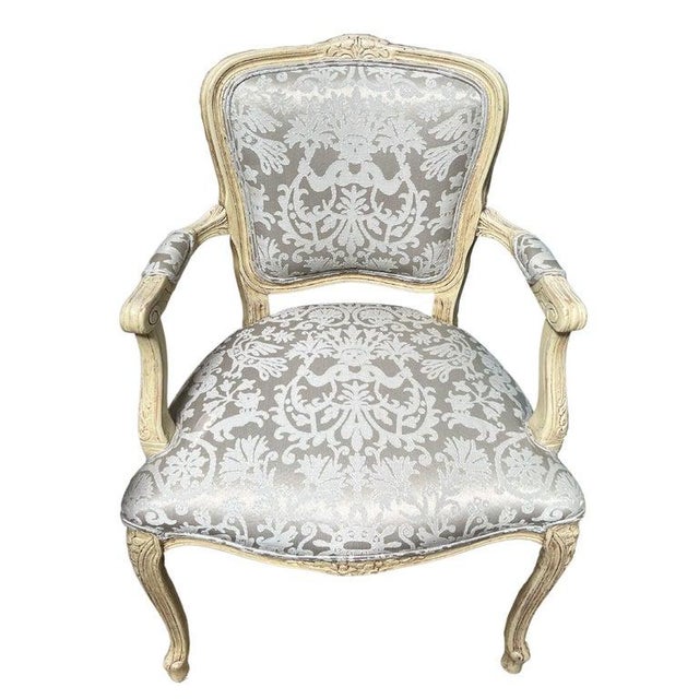 Louis XIV Style French Painted Arm Chairs with Reupholstered Fabric