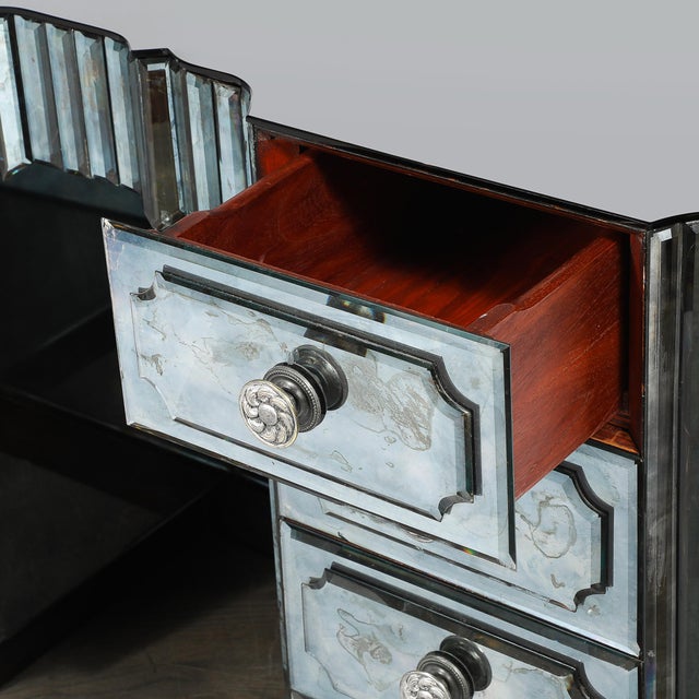 Art Deco Smoked Beveled Mirrored Vanity With Silvered Bronze Pulls For Sale In New York - Image 6 of 16