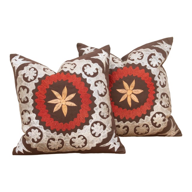 Pair of Embroidered Palmette Suzani Pillow Covers For Sale