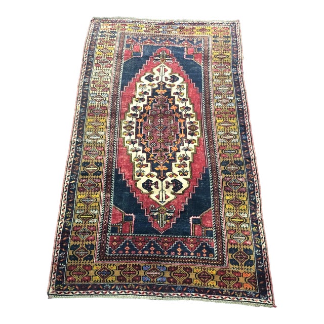 Vintage Ethnic Medallion Design Turkish Red and Blue Rug For Sale