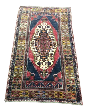 Vintage Ethnic Medallion Design Turkish Red and Blue Rug