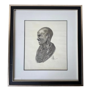 Vintage Charcoal Drawing Portrait of a African Woman, Signed For Sale