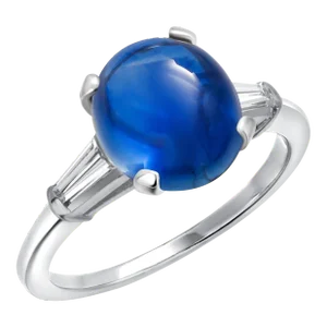 Platinum Ring Tapered Baguette Diamonds 6.21 Carat Gem Ceylon Cabochon Sapphire Size 7