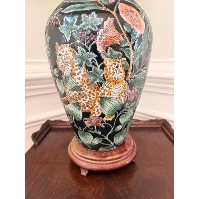 Ebony Vintage Chinoiserie Leopard & Botanical Ceramic Table Lamp For Sale - Image 8 of 9