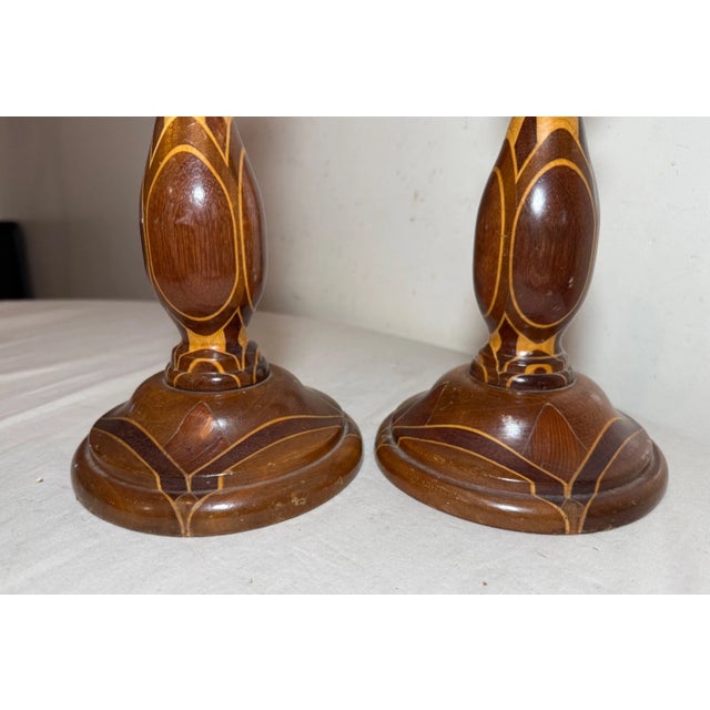 Brown Pair of Antique Hand Turned Wood Marquetry Parquetry Candlesticks Candle Holders For Sale - Image 8 of 13