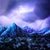This artwork depicts a dramatic mountain landscape, with peaks rendered in striking blues and purples that evoke a sense...