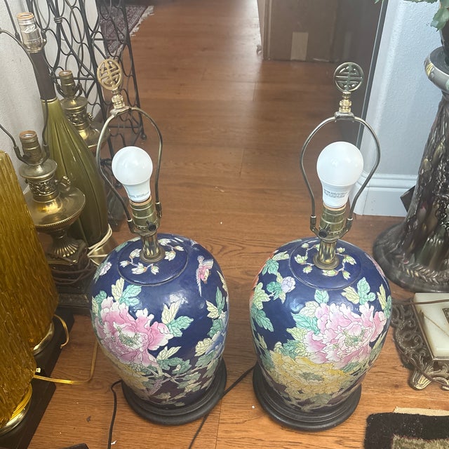 1980s 1980s Navy Blue Chinoiserie Lamps - a Pair For Sale - Image 5 of 6