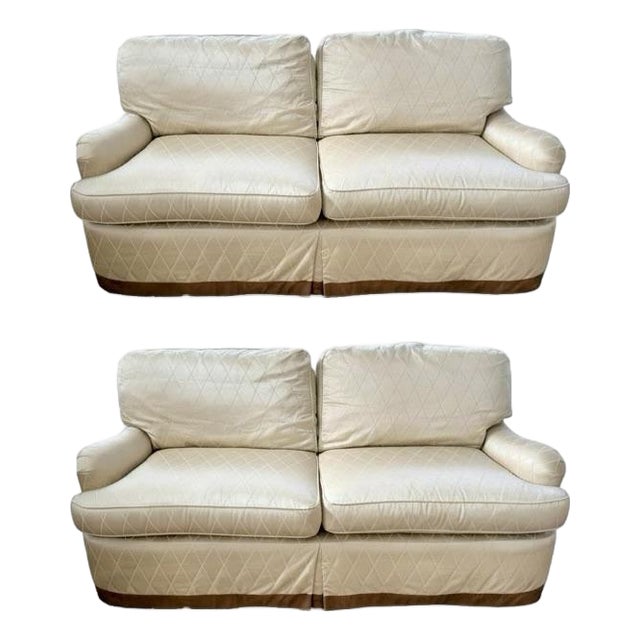 Pair of Century Furniture Upholstered Silk Sofas With Scalamandre Fabric For Sale