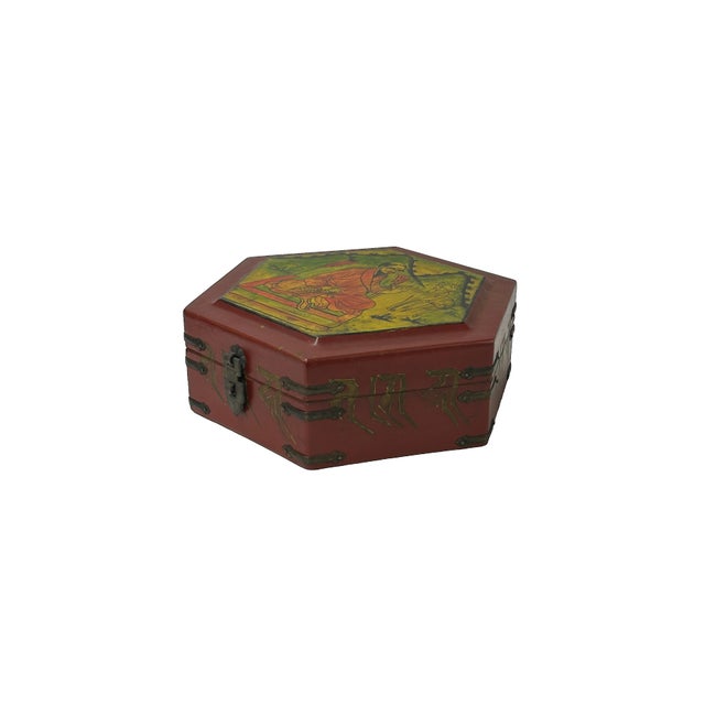 1980s Oriental Hexagonal Red Color Lohans Monks Drawing Accent Box For Sale - Image 5 of 7