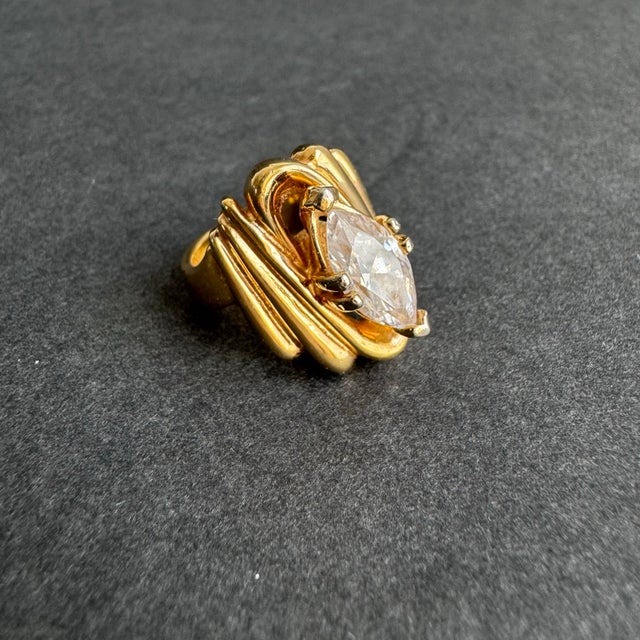 1990s Vintage 18k Gold Electroplate‎ Cocktail Ring Marquis Cut Cz Cubic Zirconia 6.5 For Sale - Image 5 of 12