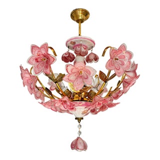 1980s Italian Pink Murano Style Glass Floral Chandelier – Hand-Painted Porcelain & Brass Ceiling Light For Sale
