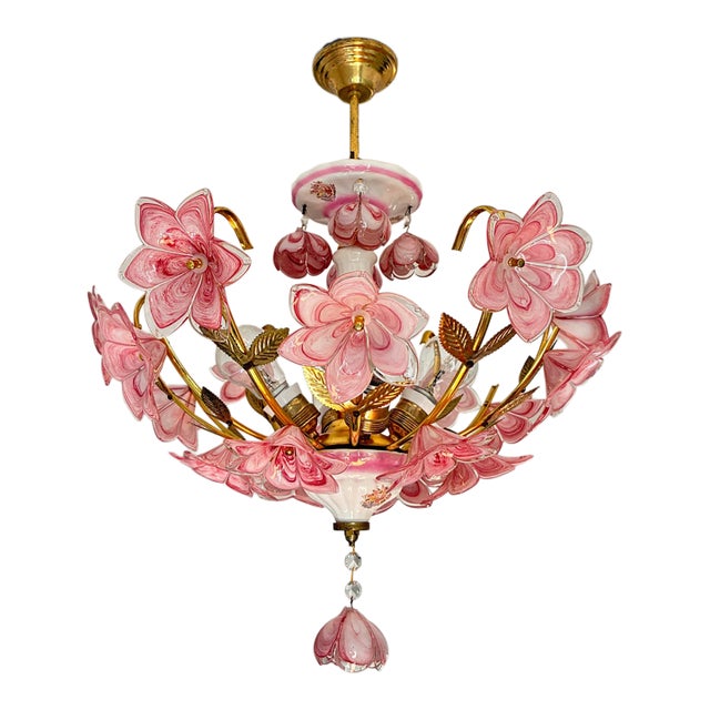 1980s Italian Pink Murano Style Glass Floral Chandelier – Hand-Painted Porcelain & Brass Ceiling Light For Sale