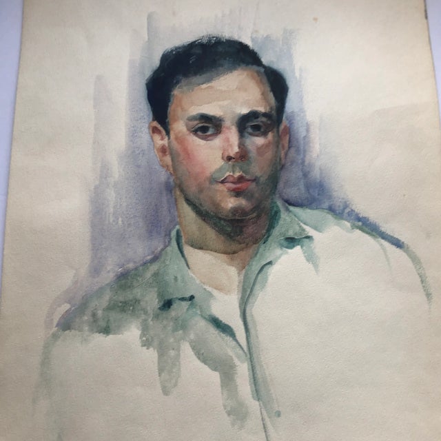 Realism Original Vintage Male Watercolor Portrait Painting 1980’s For Sale - Image 3 of 5