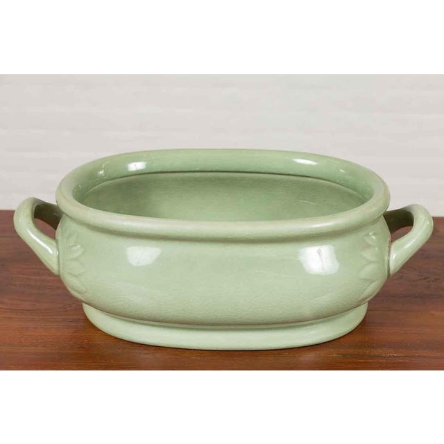 Chinese Vintage Celadon Foot Bath with Two Handles and Foliage Motifs For Sale - Image 9 of 13