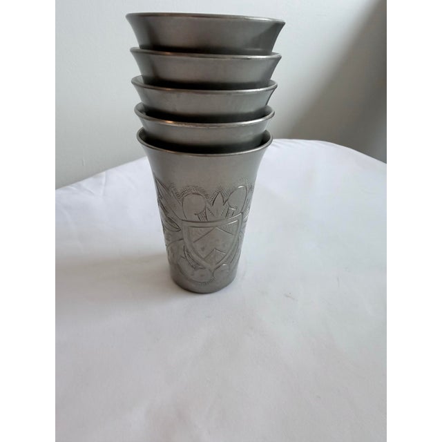 Silver Vintage Set of 5 Heraldic Crest Style Mecap Pewter Tumbler Cups Made in Belgium For Sale - Image 8 of 8