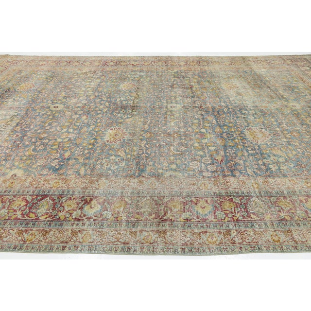 Antique Mashad Wool Rug With Allover Palmette Motifs & Muted Blue Patina For Sale In New York - Image 6 of 12
