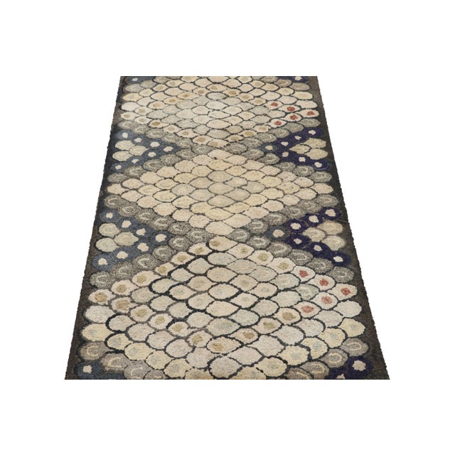 1920s Antique Hooked Rug in Blue With Cream Geometric Patterns, From Rug & Kilim For Sale - Image 5 of 7