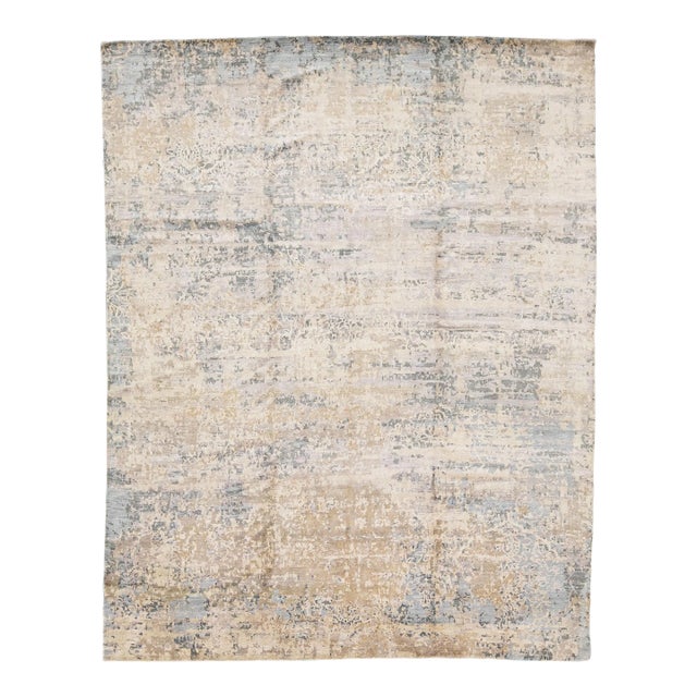 2010s Modern Handmade Abstract Wool & Silk Rug in Gray & Beige For Sale