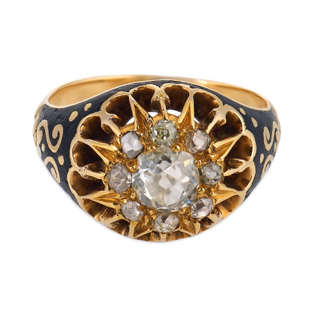 19th Century Victorian Diamond 14k Yellow Gold Silver Enamel Ring, Size 6.5 For Sale - Image 4 of 6