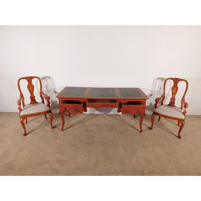Antique Baker 1950s French Red Chinoiserie Leather Top Writing Desk & Arm Chairs For Sale - Image 13 of 16