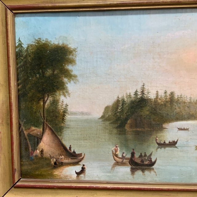 Native American North American Indian Camp on the St. Lawrance .Oil on Canvas With Gilt Frame. Canadian 19th Century For Sale - Image 3 of 10