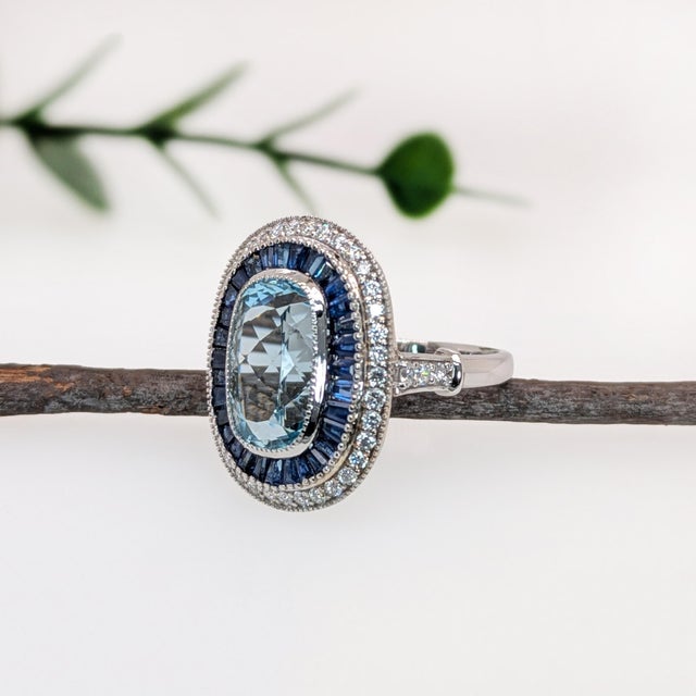 5.3ct Aquamarine Ring With Sapphire and Diamond Accents: Solid 14k Gold, Size 6.75 For Sale - Image 4 of 6