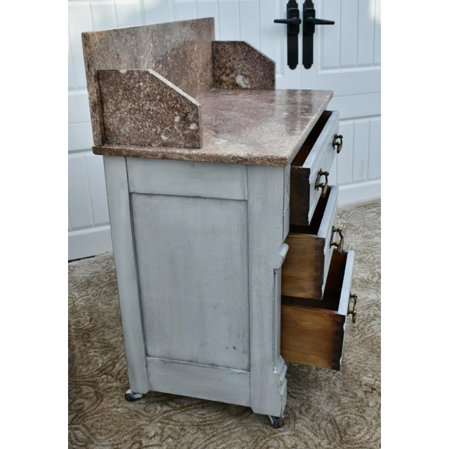 Wood Antique Walnut Washstand Commode Pink Marble Top Gray Cottage Distressed 1880s For Sale - Image 7 of 12