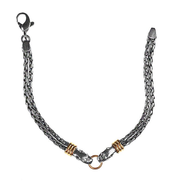 Metal Late 20th Century Sterling Silver Bracelet With Double Headed Snake Motif and Goldy Accents For Sale - Image 7 of 9