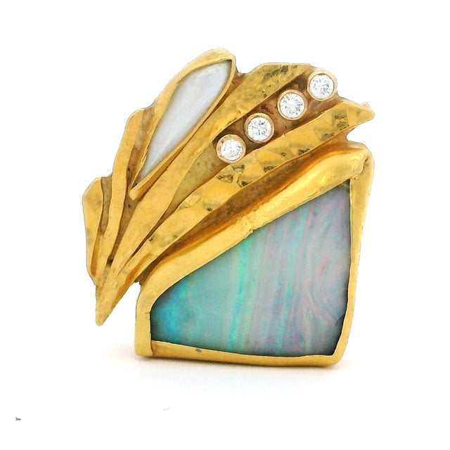 Vintage American Studio 22k Gold Opal Diamond Modernist Brooch For Sale - Image 12 of 14