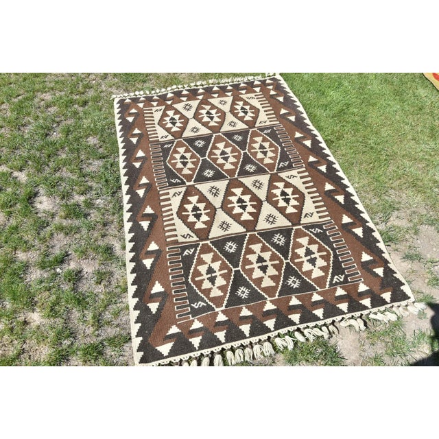 Tribal 1980s Hand Knotted Oushak Kilim Striped Diamond Line Design Turkish Kilim Rug For Sale - Image 3 of 9
