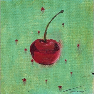 Cherry Jubilee by Tammi Otis | Oil on Canvas Painting of a red cherry on a green background For Sale