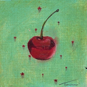 Cherry Jubilee by Tammi Otis | Oil on Canvas Painting of a red cherry on a green background