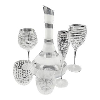 31 Pieces of Hand-Carved Wine and Water Glasses With Decanter For Sale